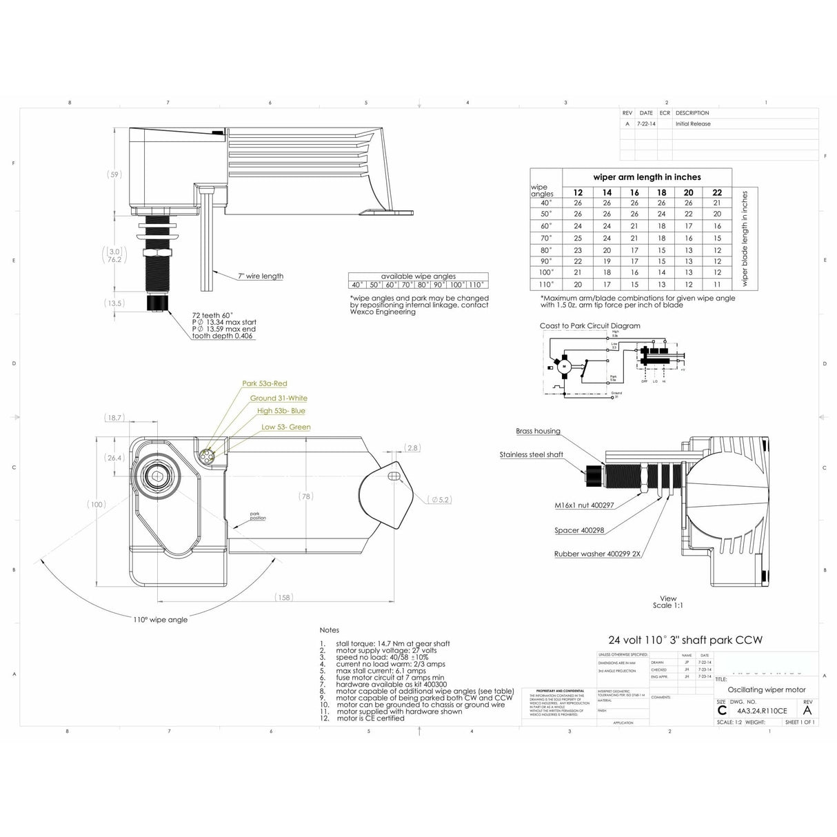 4A3.24.R110DCE Wexco Sealed Marine Wiper Motor: Three and a half inch (3.5") shaft, 12V, CE Certified - AutoTex