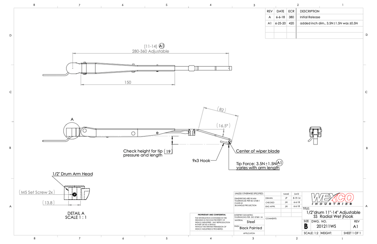 201211D 11-14" SS Radial Dry Wiper Arm